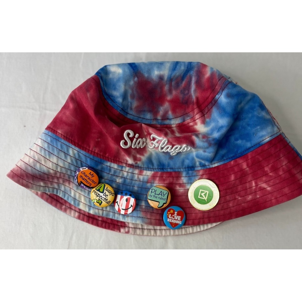 Embroidered SIX FLAGS Bucket Hat Tie Dye‎ with Buttons